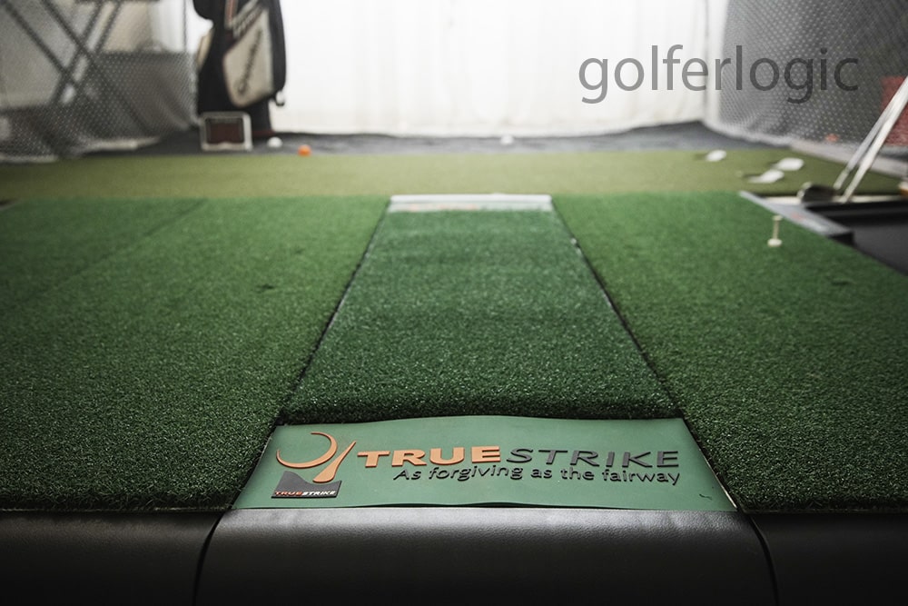 TrueStrike golf simulator mat pictured in GolferLogic's testing setup